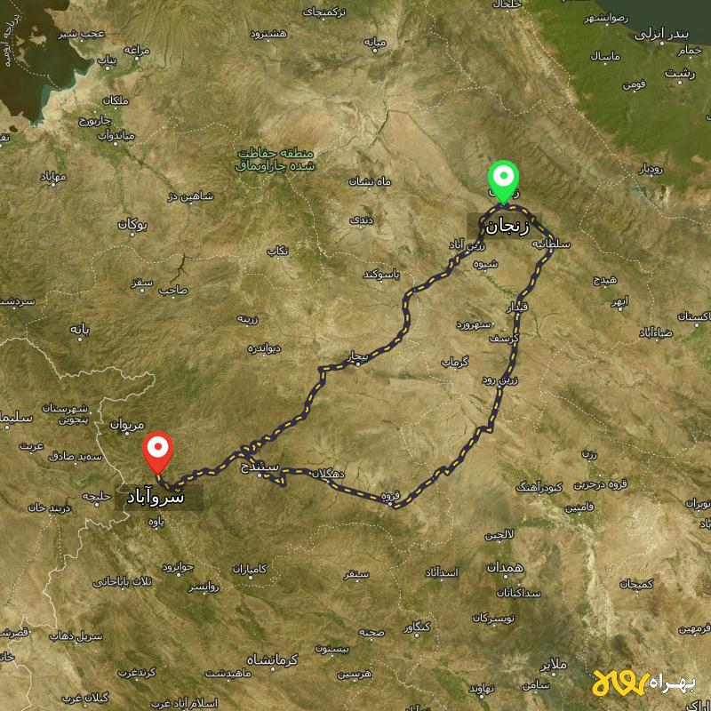مسافت و فاصله سروآباد - کردستان تا زنجان از ۲ مسیر - بهمن ۱۴۰۳