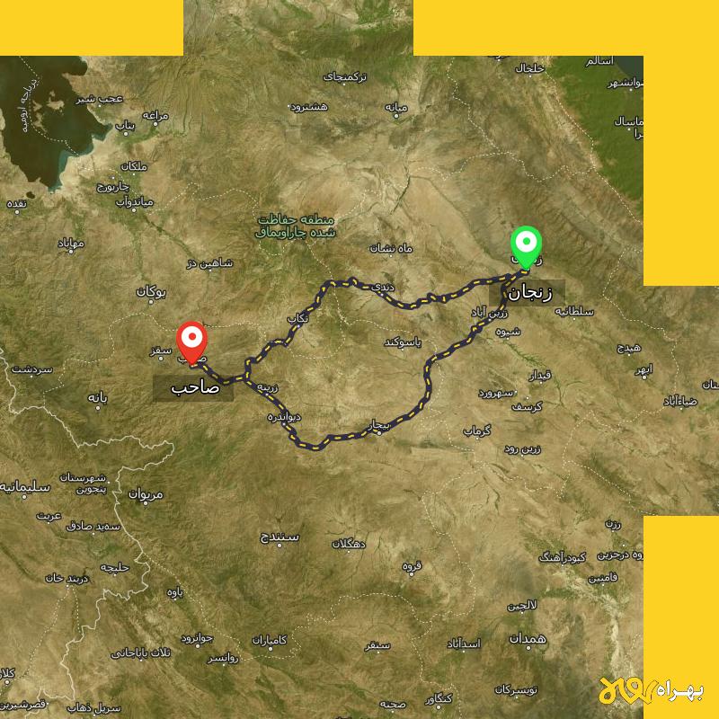 مسافت و فاصله صاحب - کردستان تا زنجان از ۲ مسیر - مرداد ۱۴۰۳