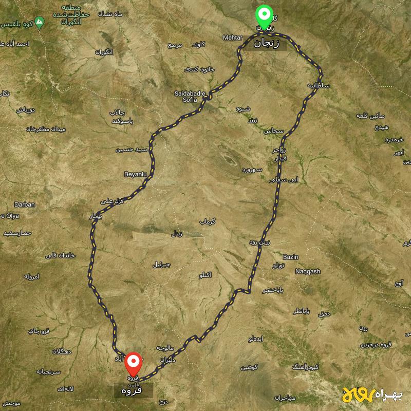 مسافت و فاصله قروه - کردستان تا زنجان از 2 مسیر - مسیریاب بهراه