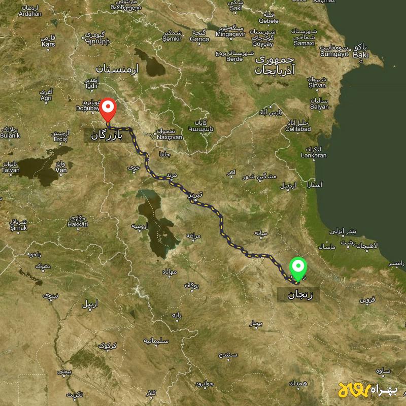 مسافت و فاصله بازرگان - آذربایجان غربی تا زنجان - آذر ۱۴۰۳