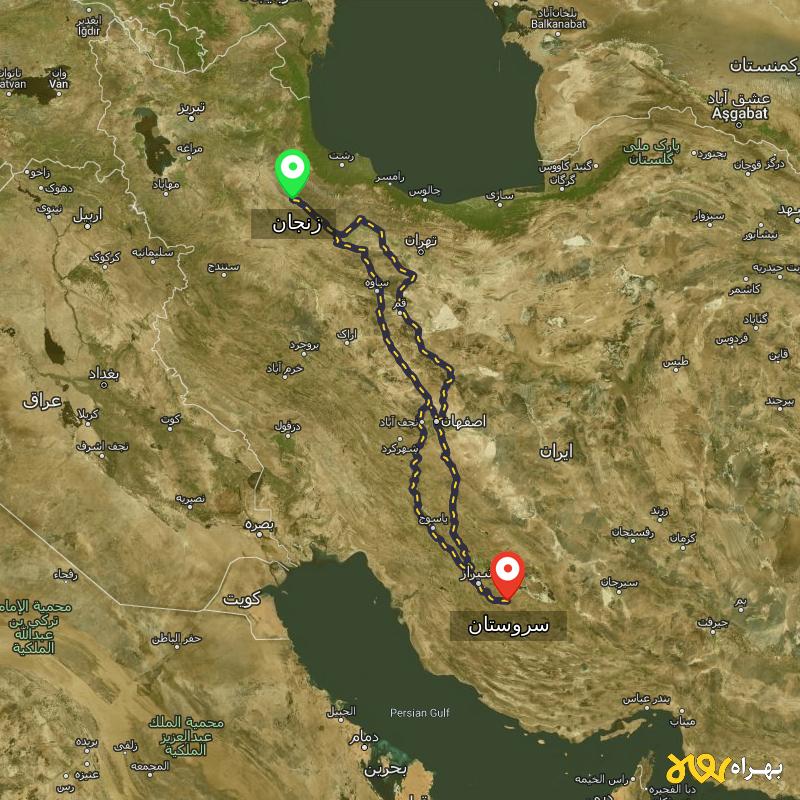 مسافت و فاصله سروستان - فارس تا زنجان از ۳ مسیر - آبان ۱۴۰۳
