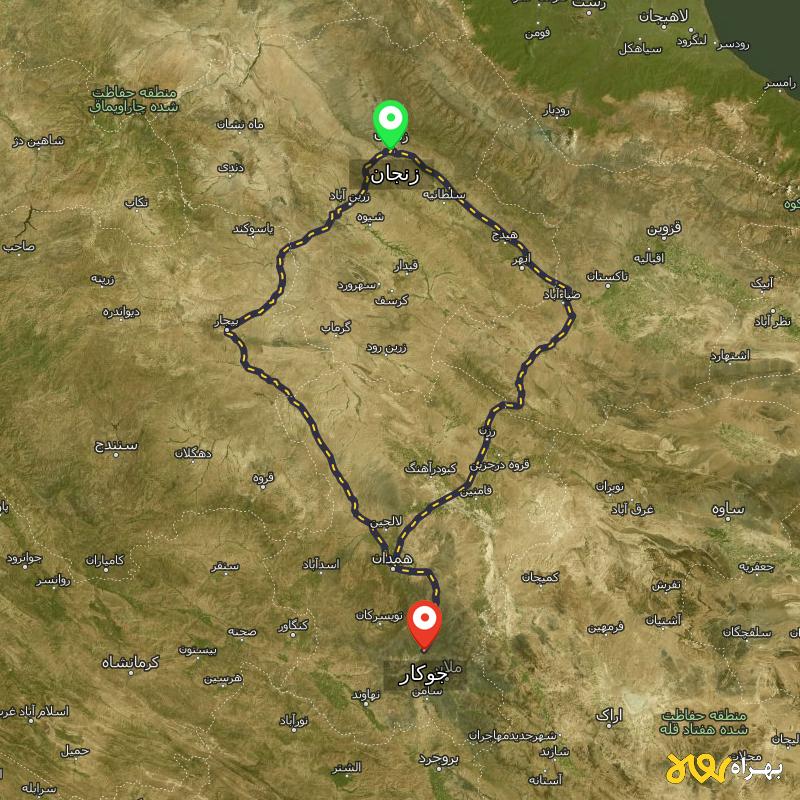 مسافت و فاصله جوکار - همدان تا زنجان از ۲ مسیر - آذر ۱۴۰۳