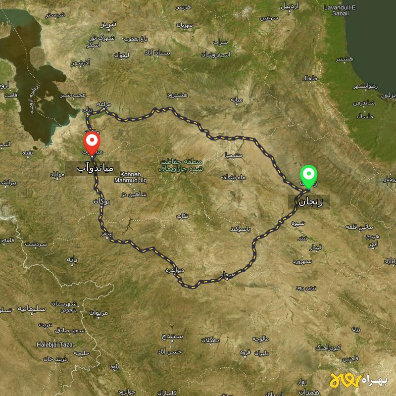 مسافت و فاصله میاندوآب - آذربایجان غربی تا زنجان از 2 مسیر - مسیریاب بهراه