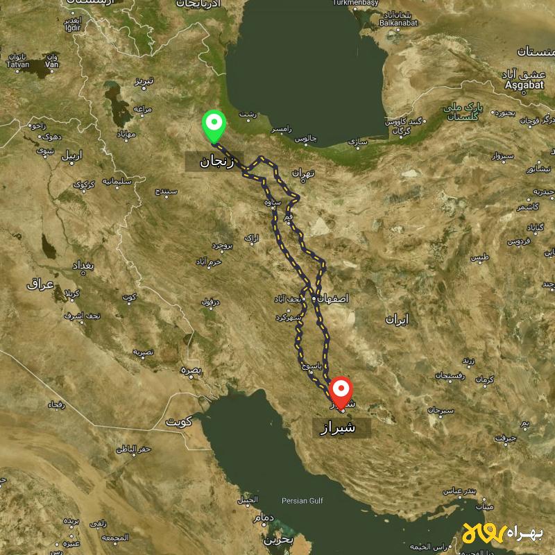 مسافت و فاصله شیراز تا زنجان از ۳ مسیر - اردیبهشت ۱۴۰۳