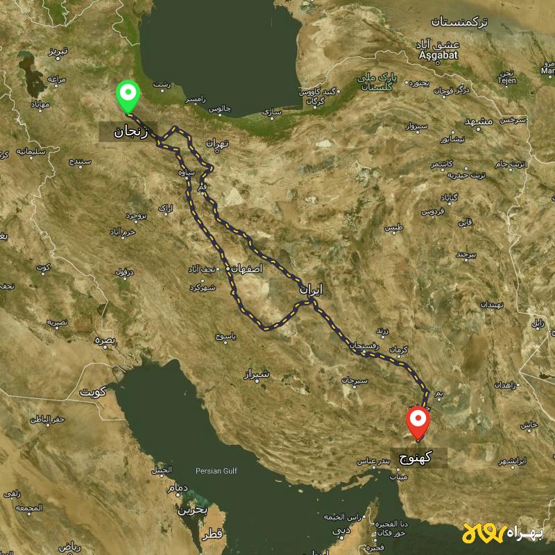 مسافت و فاصله کهنوج - کرمان تا زنجان از ۲ مسیر - اسفند ۱۴۰۳
