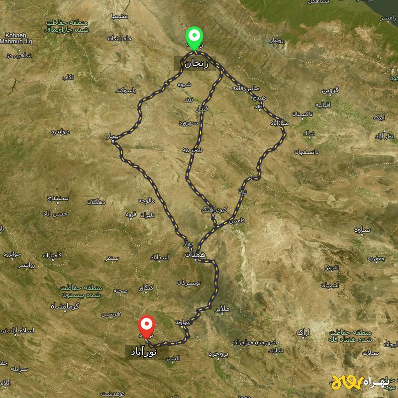 مسافت و فاصله نورآباد - لرستان تا زنجان از ۳ مسیر - اردیبهشت ۱۴۰۳