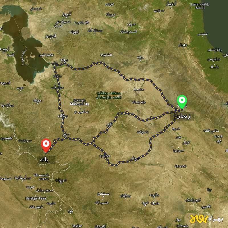 مسافت و فاصله بانه - کردستان تا زنجان از ۳ مسیر - اردیبهشت ۱۴۰۳