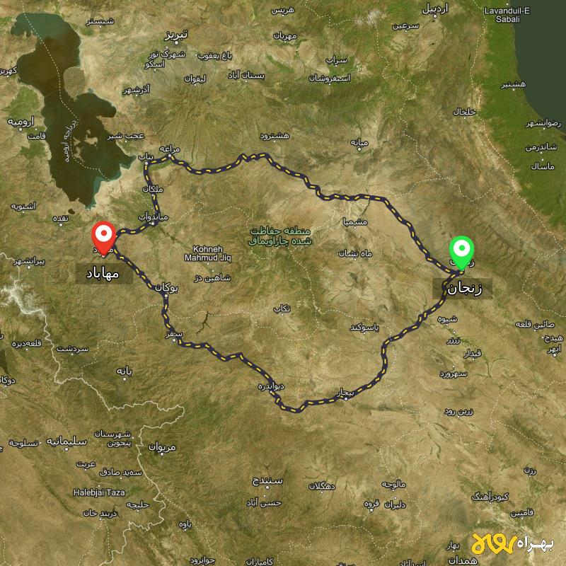 مسافت و فاصله مهاباد - آذربایجان غربی تا زنجان از ۲ مسیر - اردیبهشت ۱۴۰۳