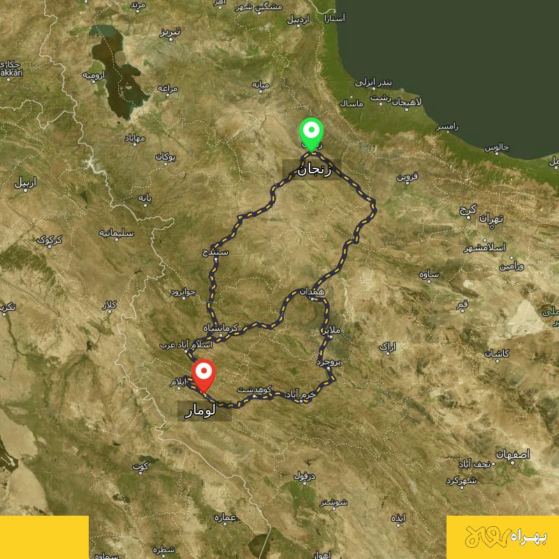 مسافت و فاصله لومار - ایلام تا زنجان از ۳ مسیر - آذر ۱۴۰۳