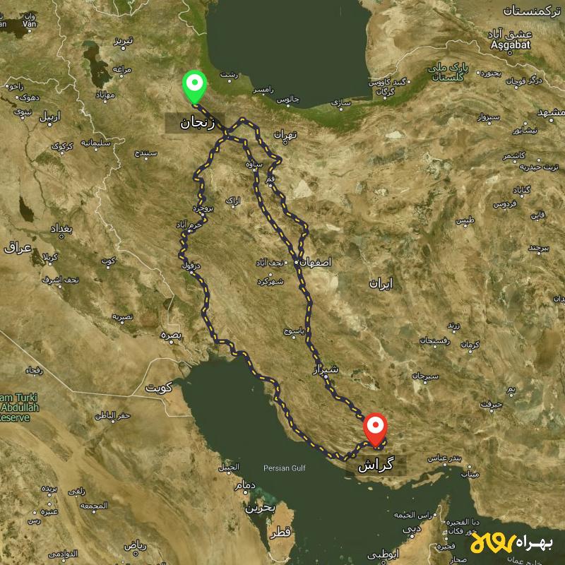 مسافت و فاصله گراش - فارس تا زنجان از ۳ مسیر - مرداد ۱۴۰۳