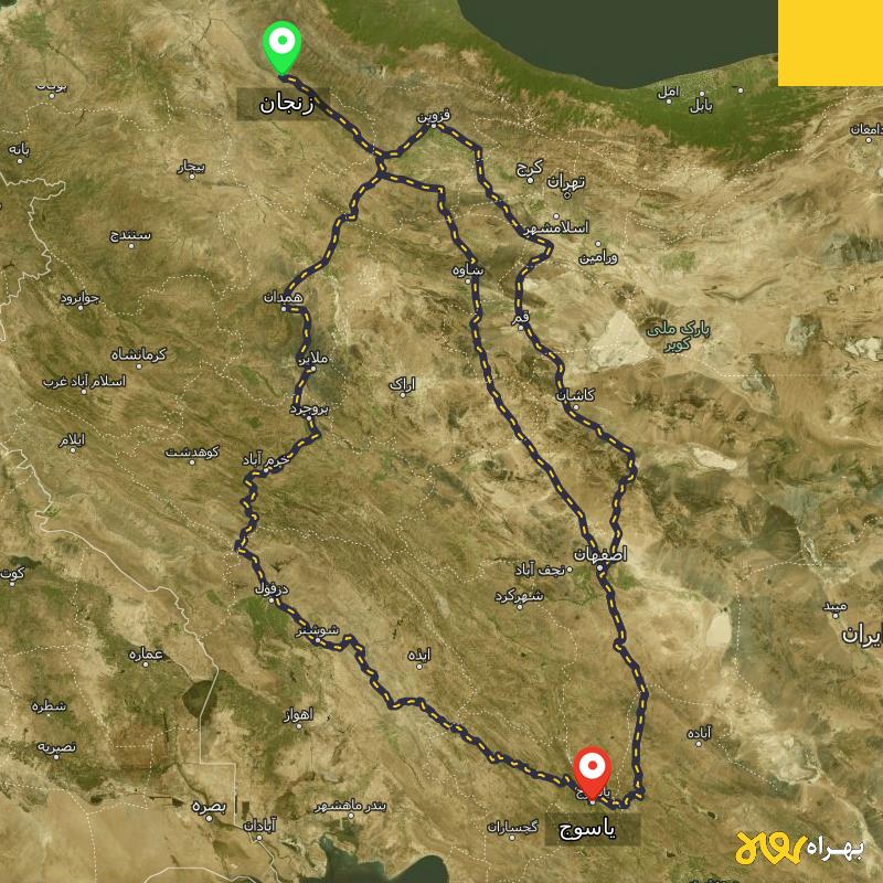 مسافت و فاصله یاسوج تا زنجان از ۳ مسیر - مرداد ۱۴۰۳