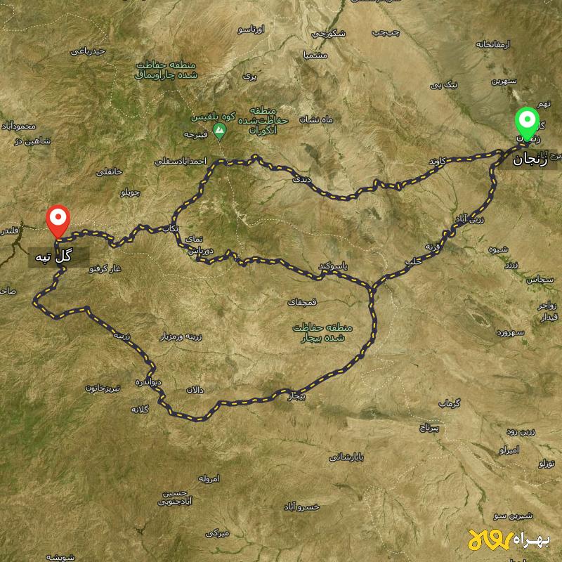 مسافت و فاصله گل تپه - کردستان تا زنجان از ۳ مسیر - شهریور ۱۴۰۳