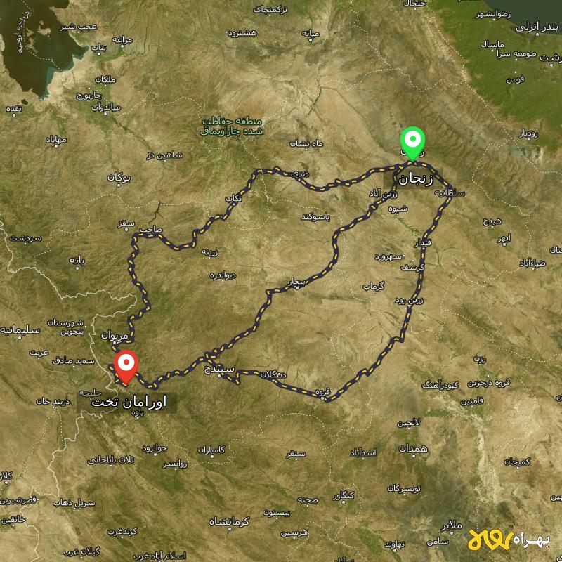 مسافت و فاصله اورامان تخت - کردستان تا زنجان از ۳ مسیر - آذر ۱۴۰۳