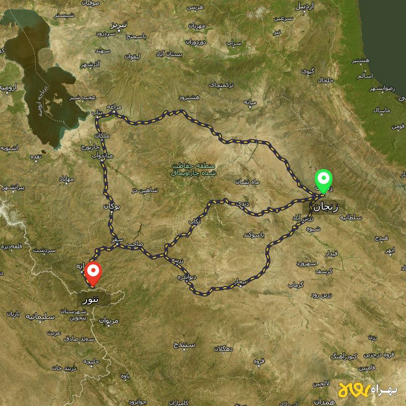 مسافت و فاصله ننور - کردستان تا زنجان از ۳ مسیر - شهریور ۱۴۰۳