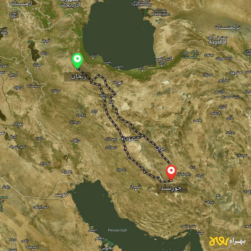 مسافت و فاصله خورسند - کرمان تا زنجان از ۳ مسیر - شهریور ۱۴۰۳
