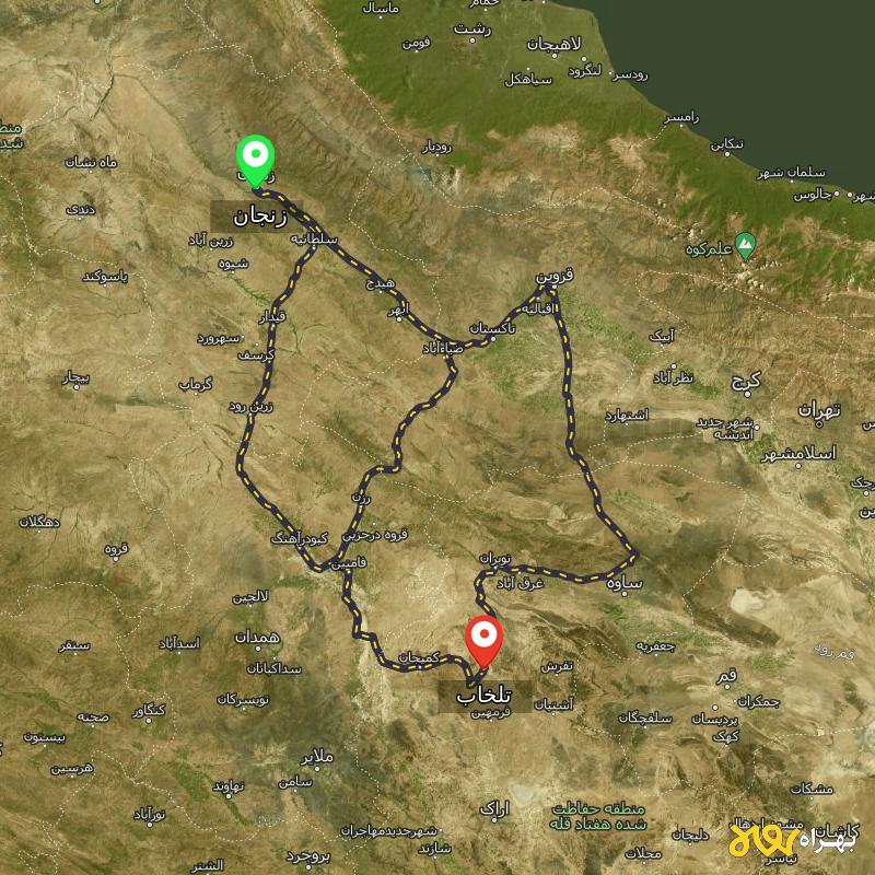 مسافت و فاصله تلخاب - مرکزی تا زنجان از ۳ مسیر - شهریور ۱۴۰۳