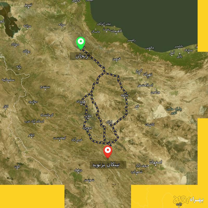 مسافت و فاصله تیتکان بزنوید - لرستان تا زنجان از ۳ مسیر - شهریور ۱۴۰۳