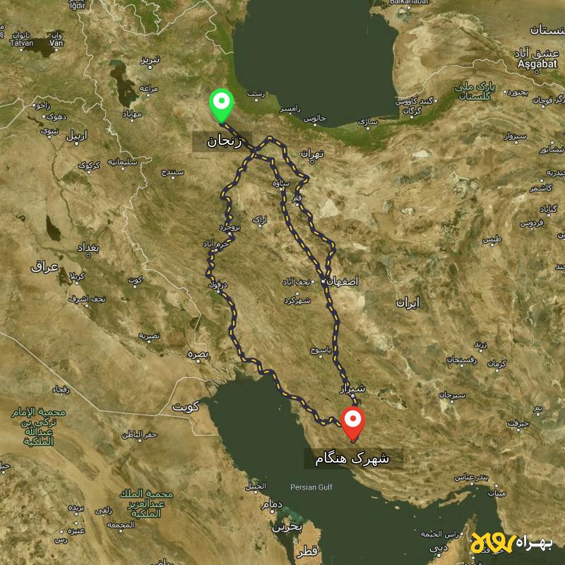مسافت و فاصله شهرک هنگام - فارس تا زنجان از ۳ مسیر - مرداد ۱۴۰۳