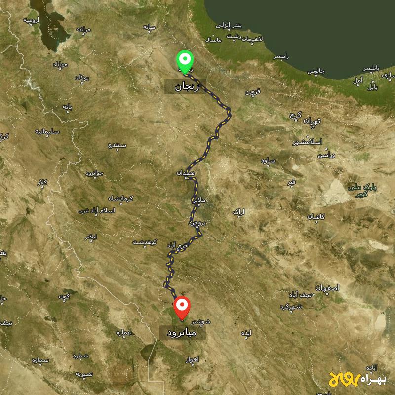 مسافت و فاصله میانرود - خوزستان تا زنجان - مهر ۱۴۰۳