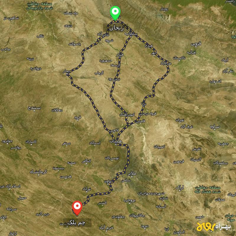 مسافت و فاصله چم پلک - لرستان تا زنجان از ۳ مسیر - شهریور ۱۴۰۳