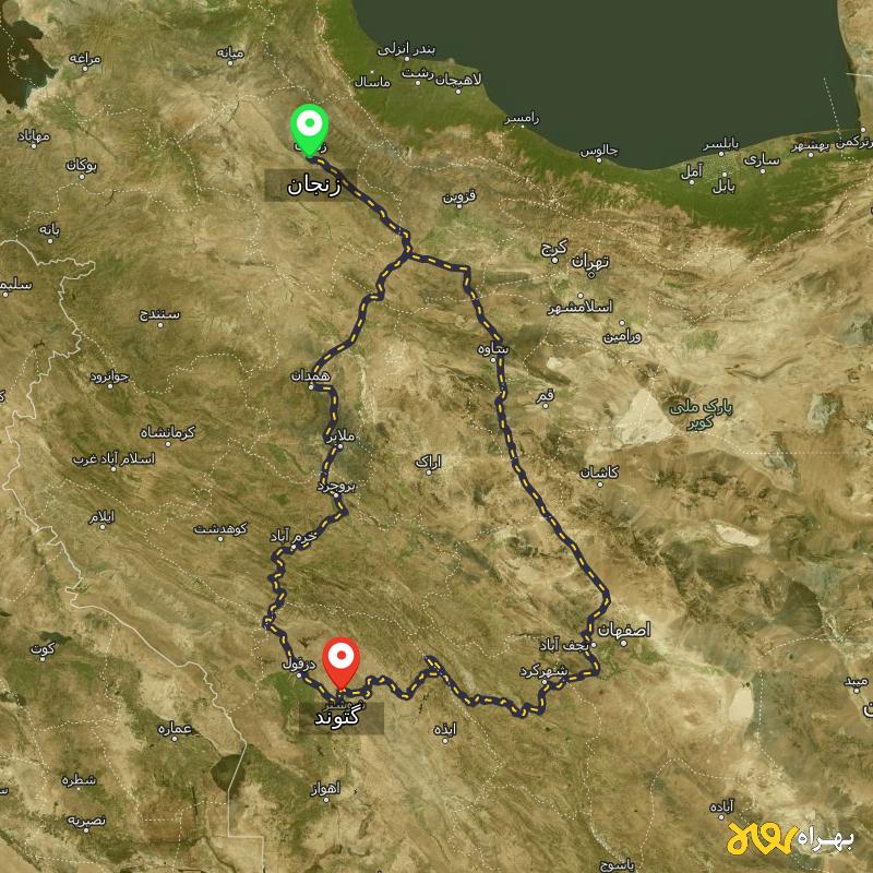 مسافت و فاصله گتوند - خوزستان تا زنجان از ۲ مسیر - آذر ۱۴۰۳