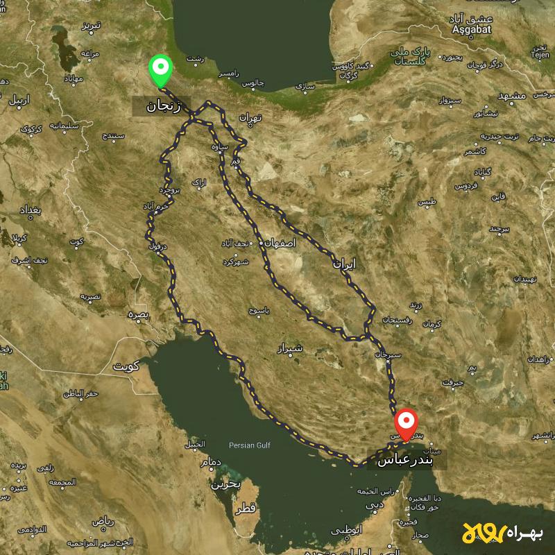 مسافت و فاصله بندرعباس تا زنجان از ۳ مسیر - مرداد ۱۴۰۳