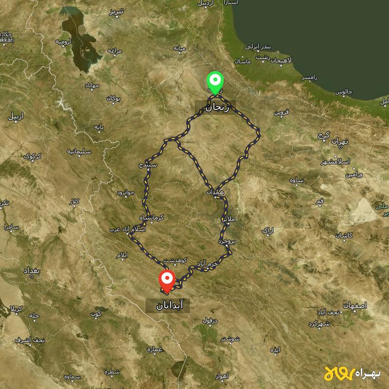 مسافت و فاصله آبدانان - ایلام تا زنجان از ۳ مسیر - دی ۱۴۰۳