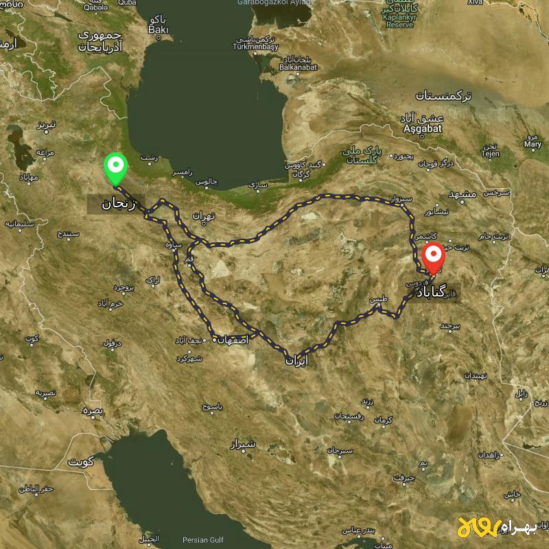 مسافت و فاصله گناباد - خراسان رضوی تا زنجان از ۳ مسیر - آذر ۱۴۰۳