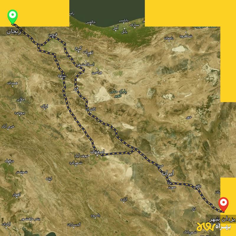 مسافت و فاصله یزدان شهر - کرمان تا زنجان از ۲ مسیر - آذر ۱۴۰۳