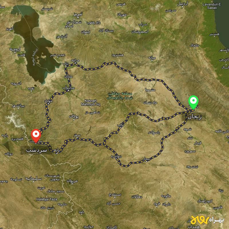 مسافت و فاصله سردشت - آذربایجان غربی تا زنجان از ۳ مسیر - اردیبهشت ۱۴۰۳