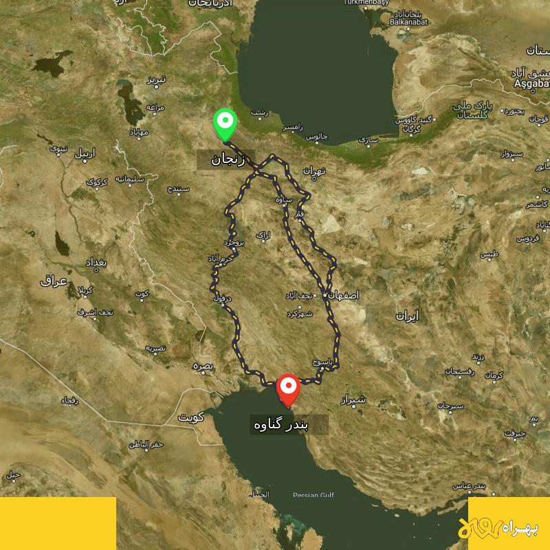 مسافت و فاصله بندر گناوه - بوشهر تا زنجان از ۳ مسیر - اردیبهشت ۱۴۰۳