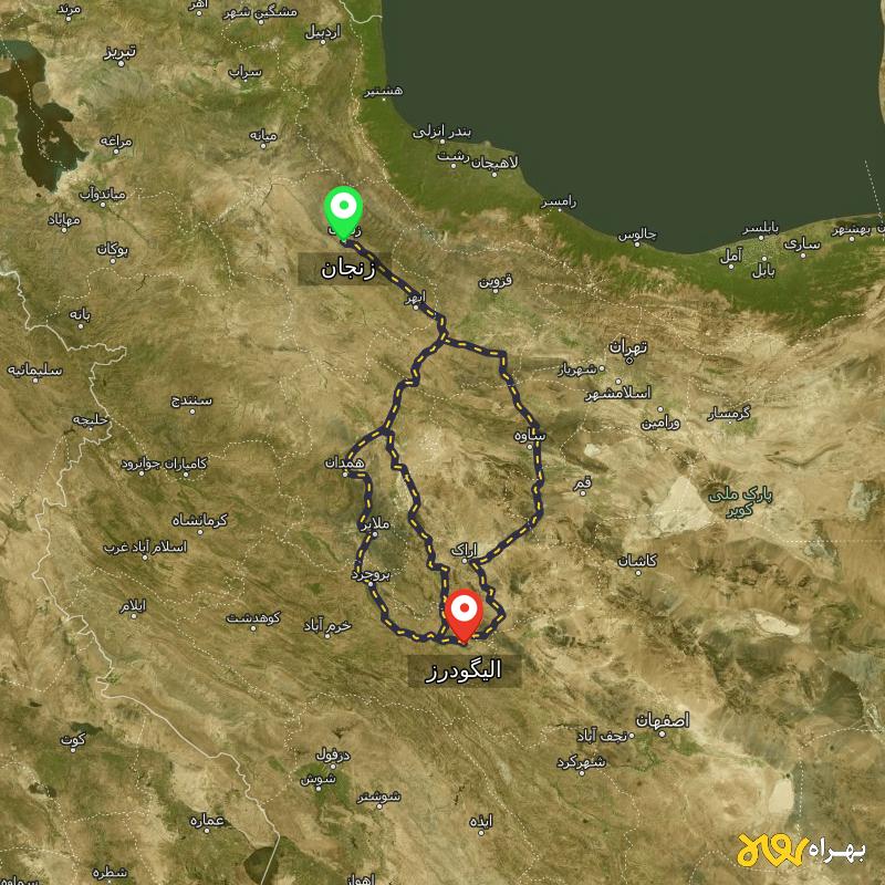مسافت و فاصله الیگودرز - لرستان تا زنجان از ۳ مسیر - اردیبهشت ۱۴۰۳
