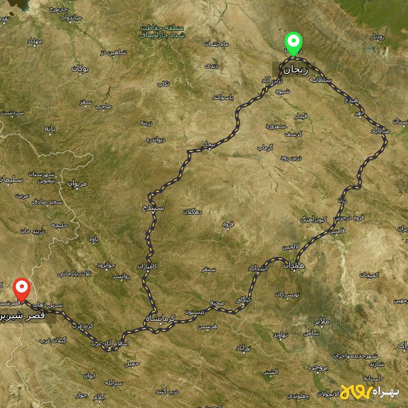 مسافت و فاصله قصر شیرین - کرمانشاه تا زنجان از ۲ مسیر - بهمن ۱۴۰۳
