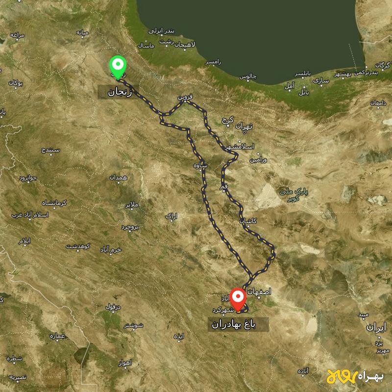 مسافت و فاصله باغ بهادران - اصفهان تا زنجان از ۲ مسیر - آذر ۱۴۰۳