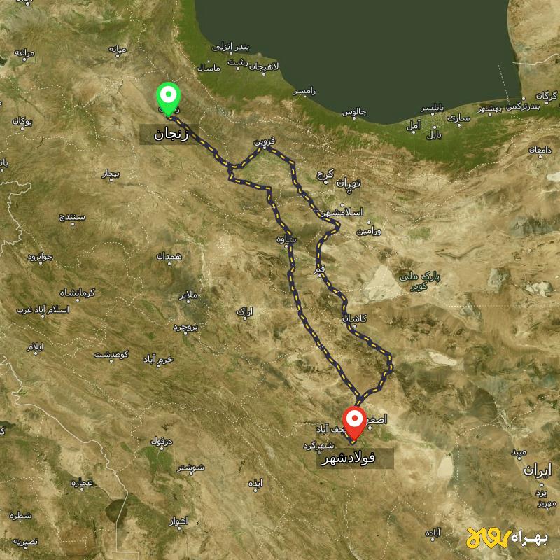 مسافت و فاصله فولادشهر - اصفهان تا زنجان از ۲ مسیر - آذر ۱۴۰۳