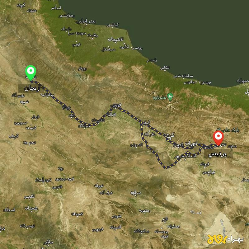 مسافت و فاصله پردیس - تهران تا زنجان از ۲ مسیر - مهر ۱۴۰۳