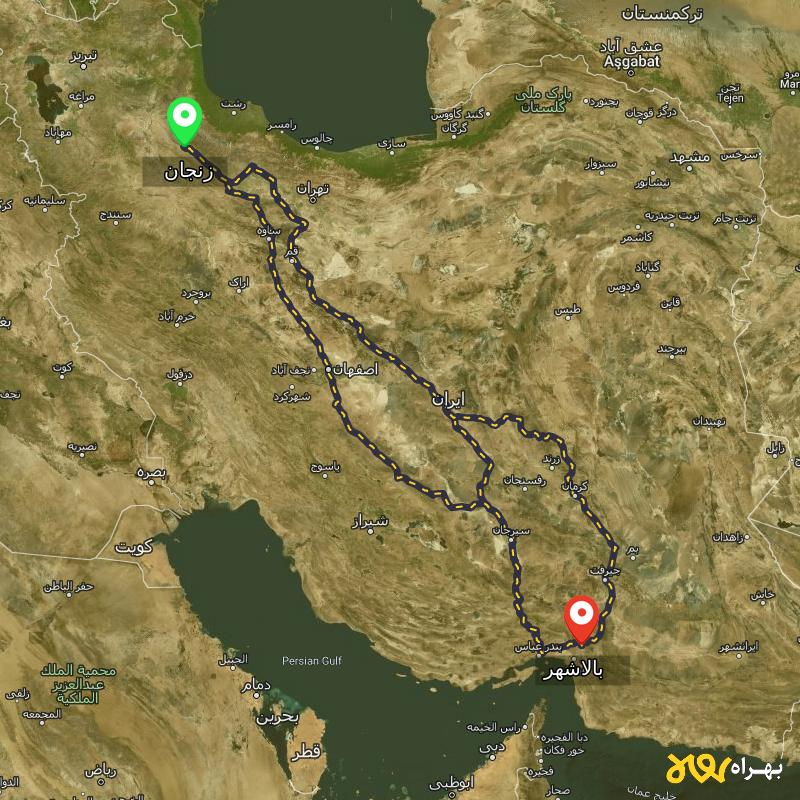 مسافت و فاصله بالاشهر - هرمزگان تا زنجان از ۳ مسیر - شهریور ۱۴۰۳