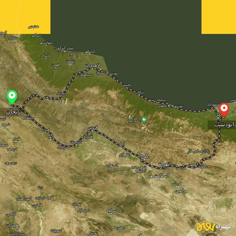 مسافت و فاصله دابودشت - مازندران تا زنجان از ۲ مسیر - اسفند ۱۴۰۳