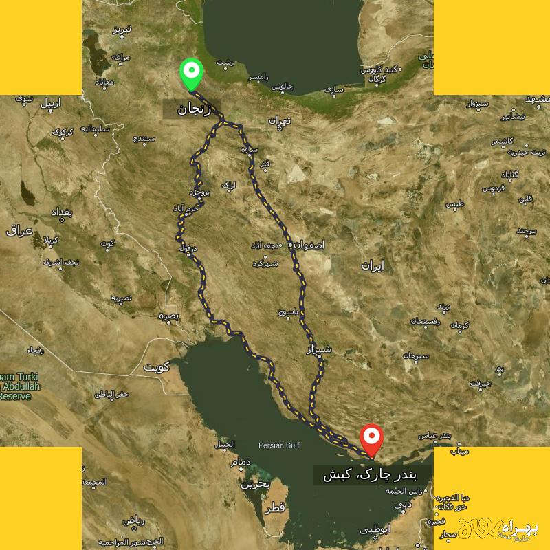 مسافت و فاصله بندر چارک، کیش - هرمزگان تا زنجان از ۲ مسیر - مهر ۱۴۰۳
