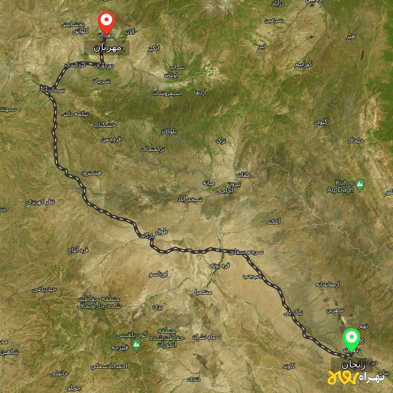 مسافت و فاصله مهربان - آذربایجان شرقی تا زنجان - شهریور ۱۴۰۳