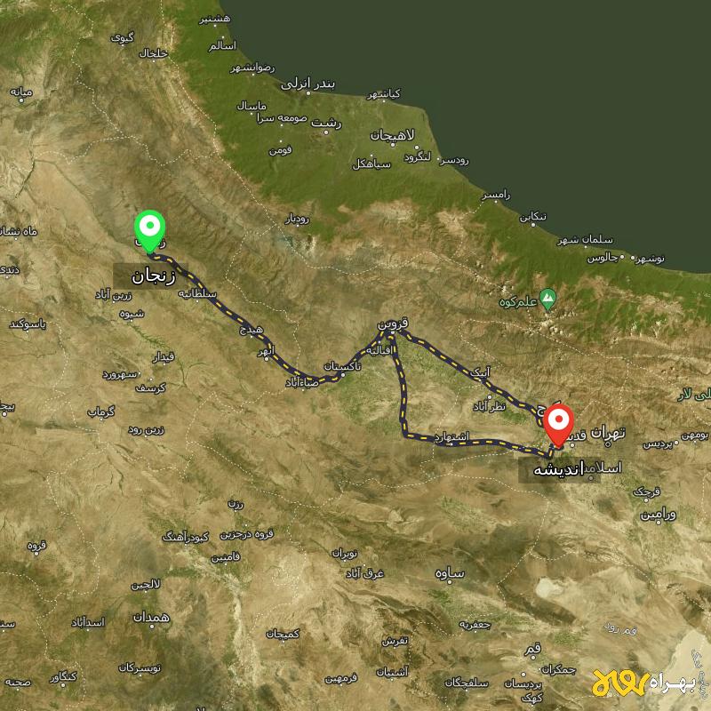 مسافت و فاصله اندیشه تا زنجان از ۲ مسیر - بهمن ۱۴۰۳