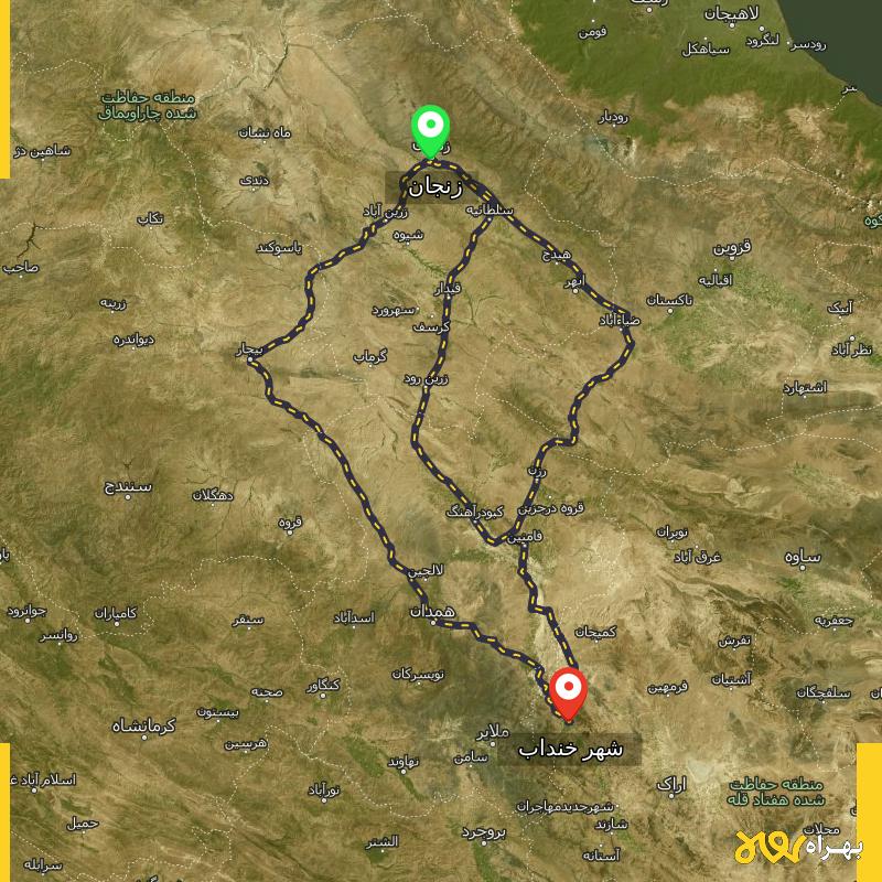 مسافت و فاصله شهر خنداب - مرکزی تا زنجان از ۳ مسیر - مرداد ۱۴۰۳