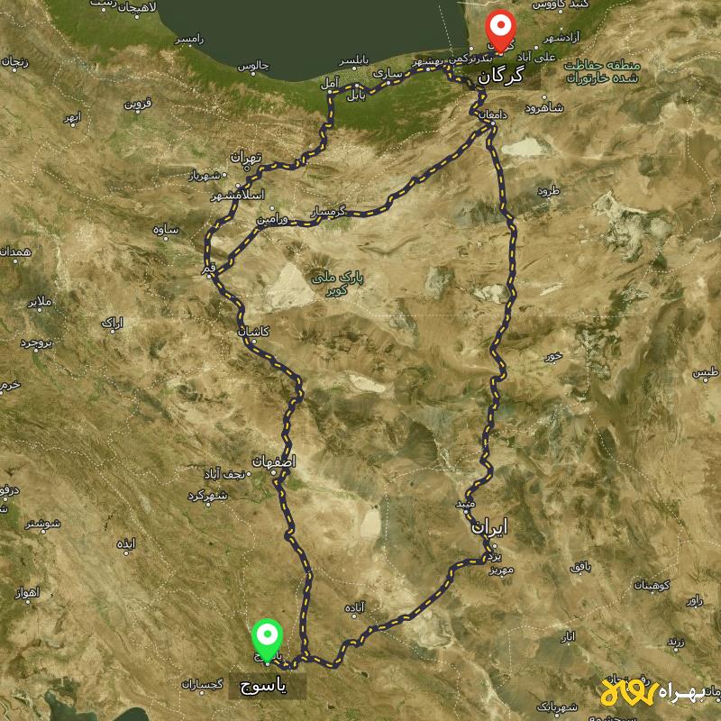 مسافت و فاصله گرگان تا یاسوج از ۳ مسیر - اردیبهشت ۱۴۰۳