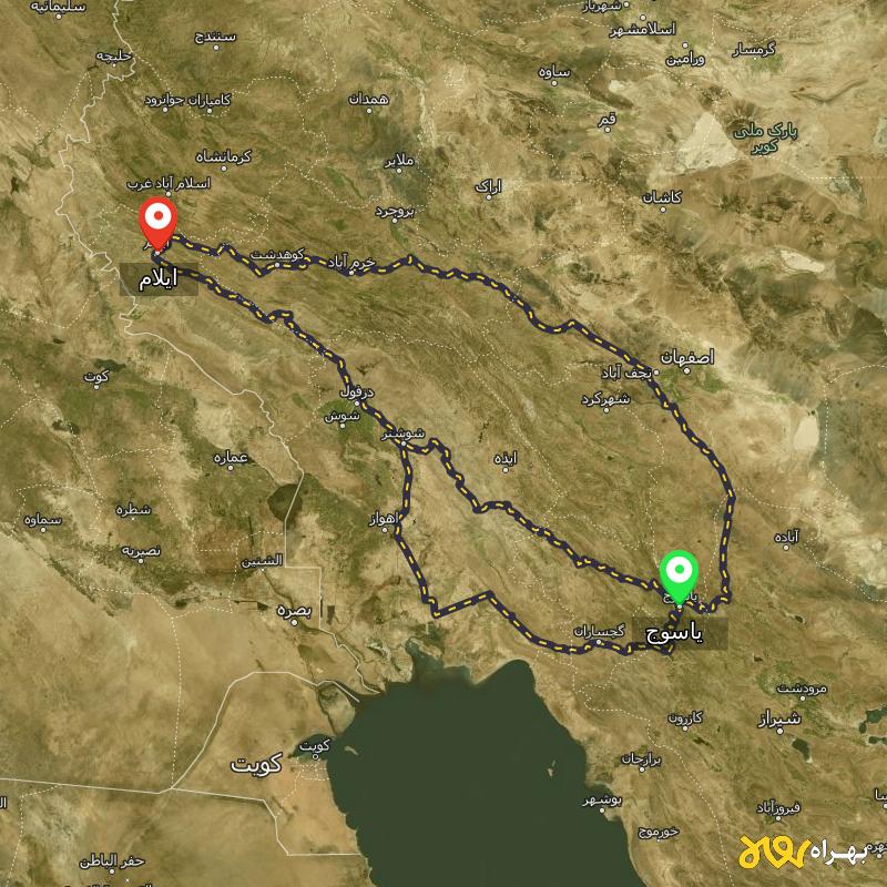 مسافت و فاصله ایلام تا یاسوج از ۳ مسیر - اردیبهشت ۱۴۰۳
