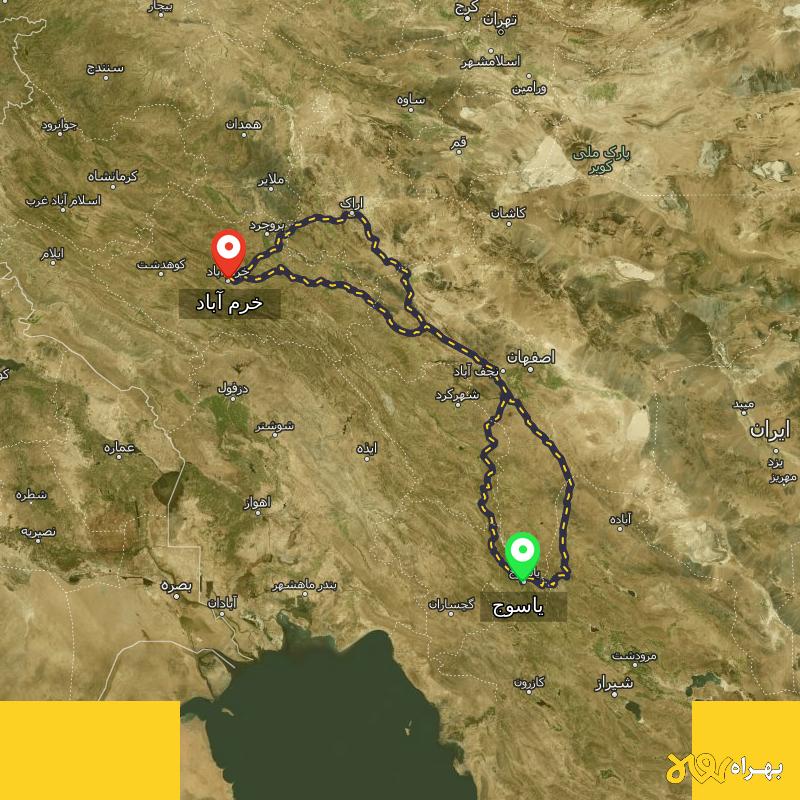 مسافت و فاصله خرم آباد تا یاسوج از ۳ مسیر - مرداد ۱۴۰۳