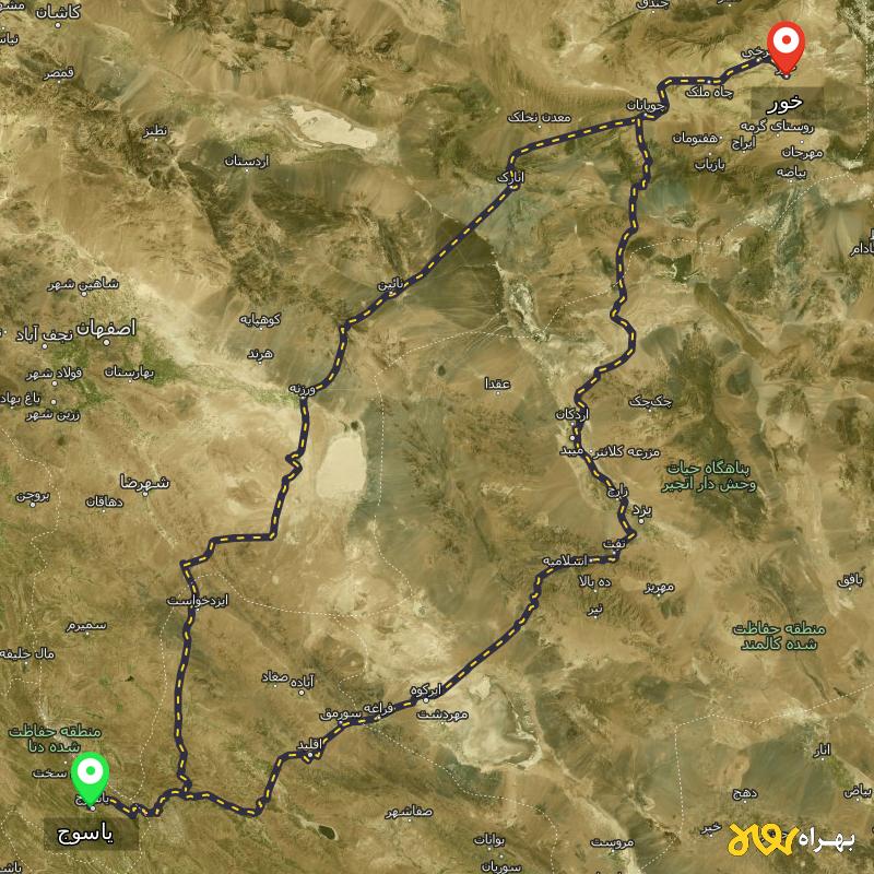 مسافت و فاصله خور - اصفهان تا یاسوج از ۲ مسیر - آذر ۱۴۰۳