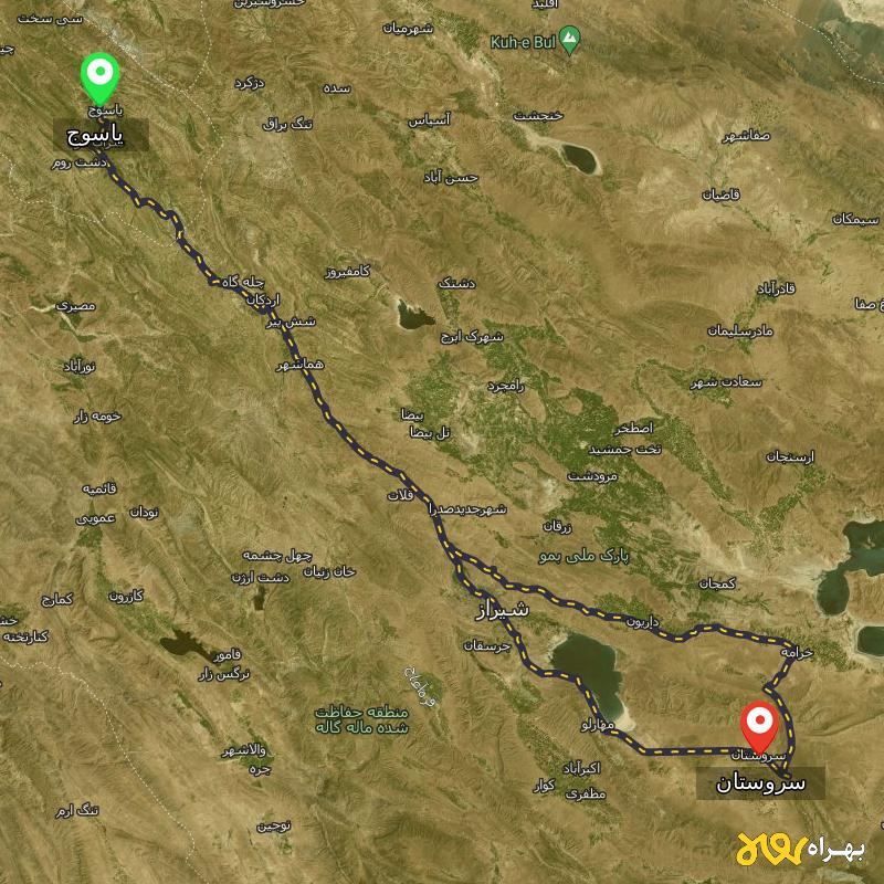 مسافت و فاصله سروستان - فارس تا یاسوج از ۲ مسیر - آبان ۱۴۰۳