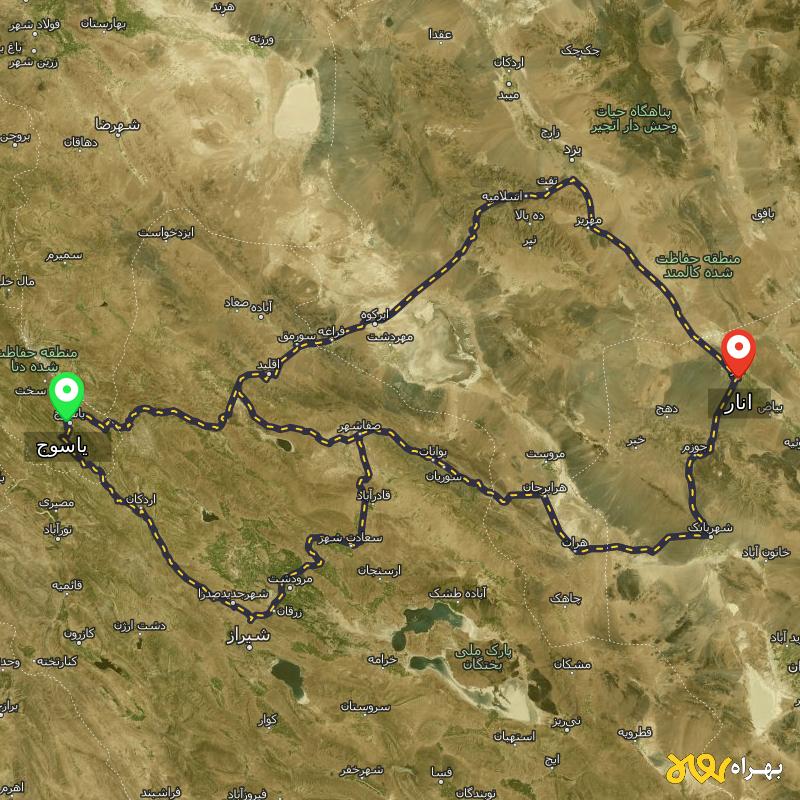 مسافت و فاصله انار - کرمان تا یاسوج از ۳ مسیر - آذر ۱۴۰۳