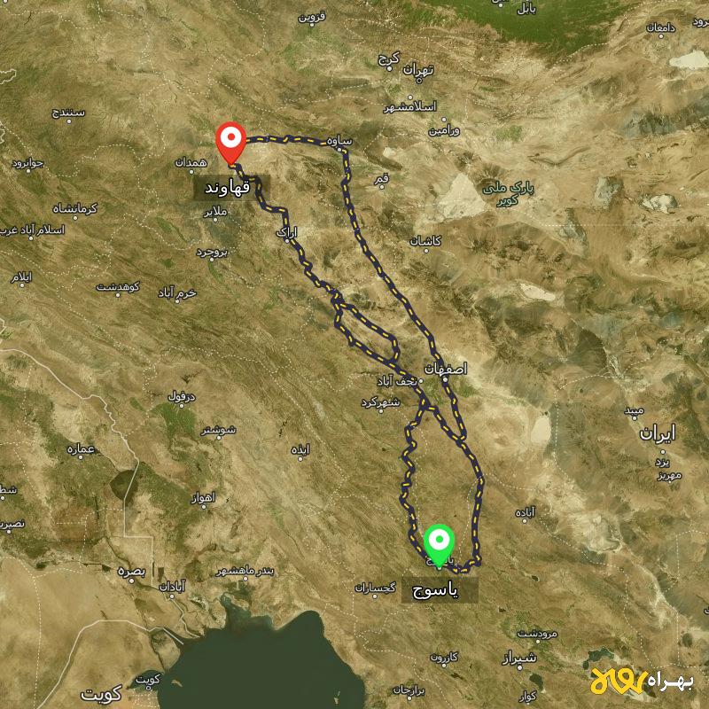 مسافت و فاصله قهاوند - همدان تا یاسوج از ۳ مسیر - مرداد ۱۴۰۳