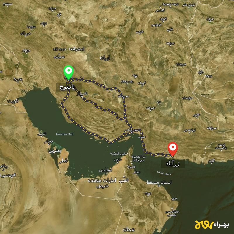 مسافت و فاصله زرآباد - سیستان و بلوچستان تا یاسوج از ۳ مسیر - بهمن ۱۴۰۳